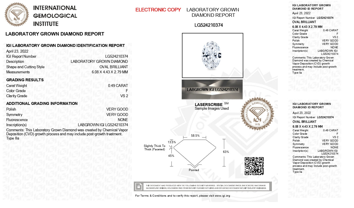 Oval Cut Lab Grown Diamond 0.49 Carat F/VS2