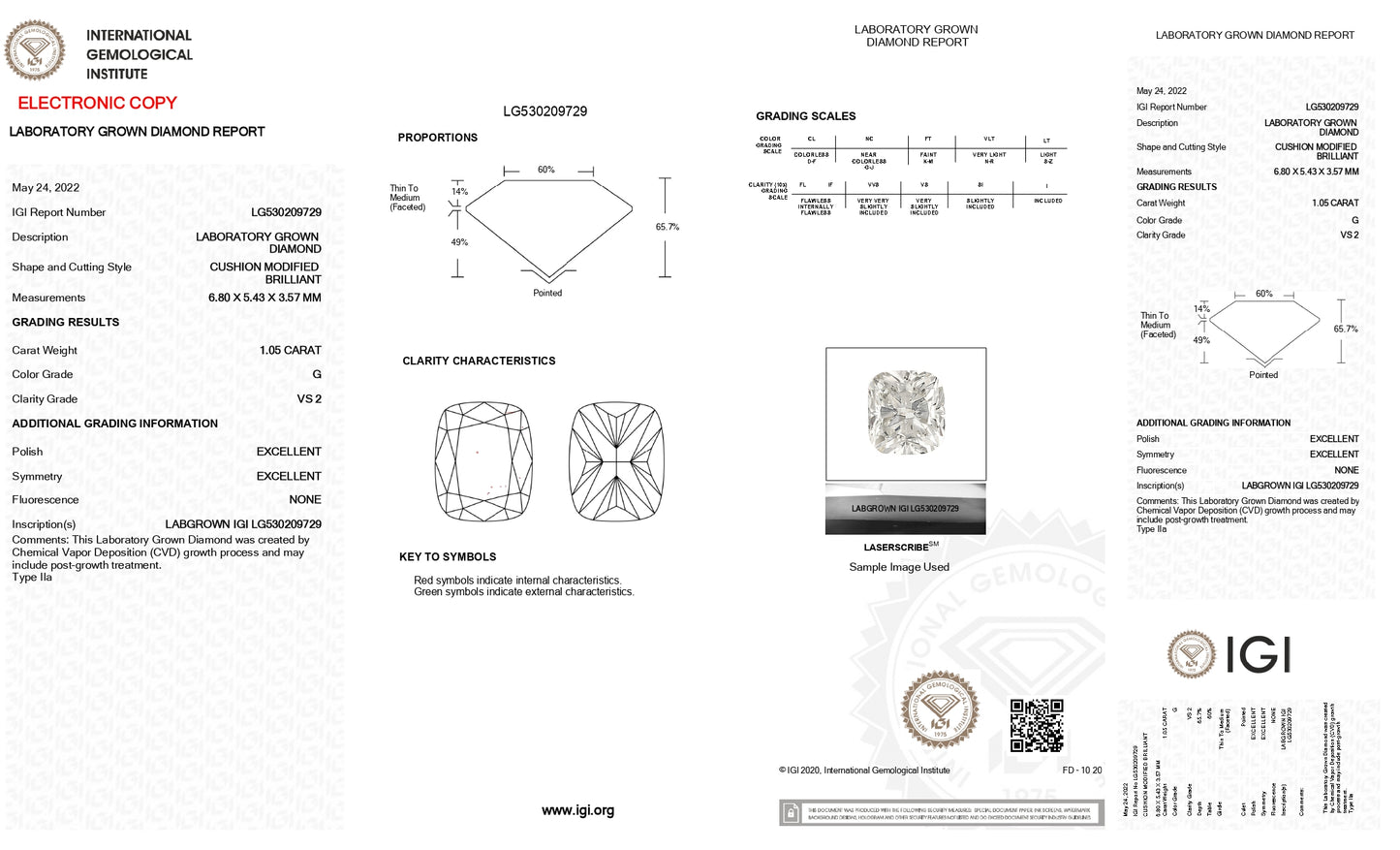 Cushion Cut Lab Grown Diamond 1.05 Carat G/VS2