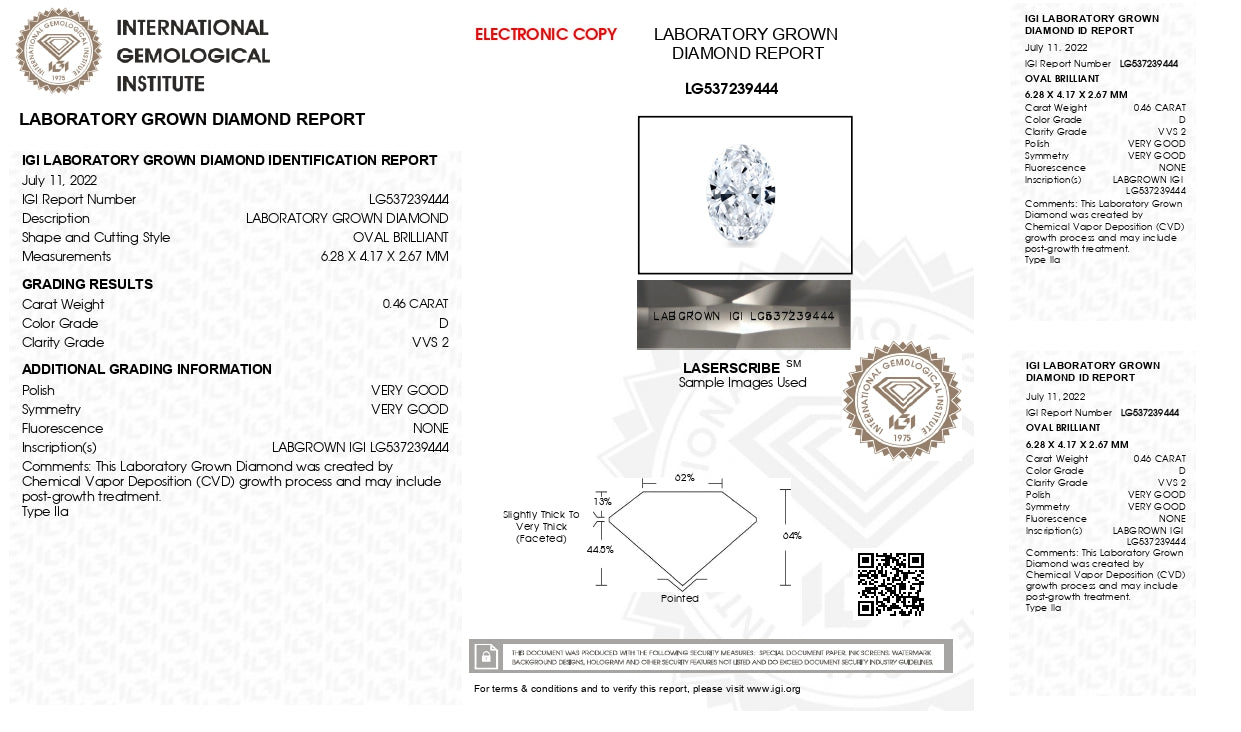 Oval Cut Lab Grown Diamond 0.46 Carat D/VVS2