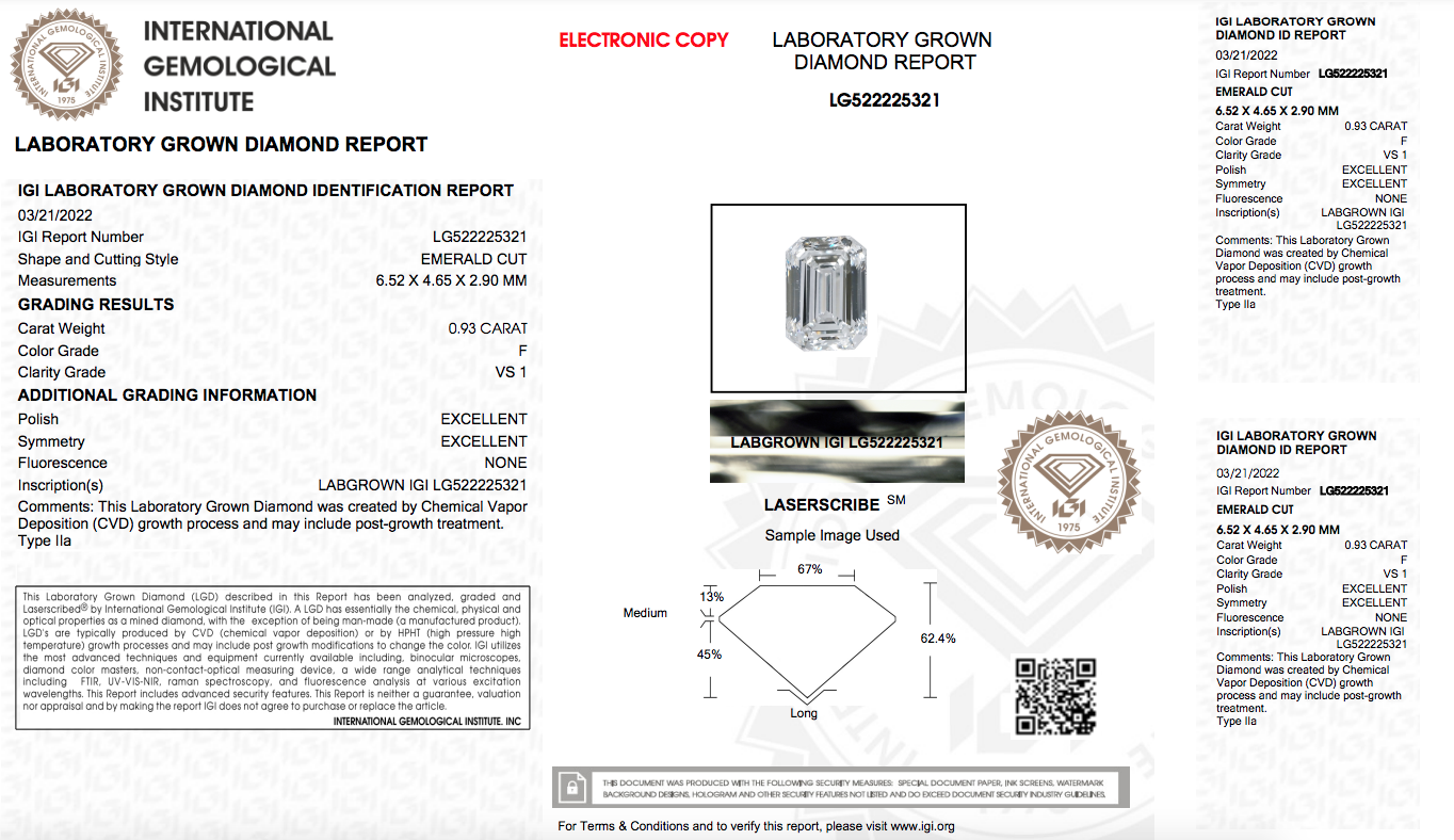 Emerald Cut Lab Grown Diamond 0.93 F/VS1