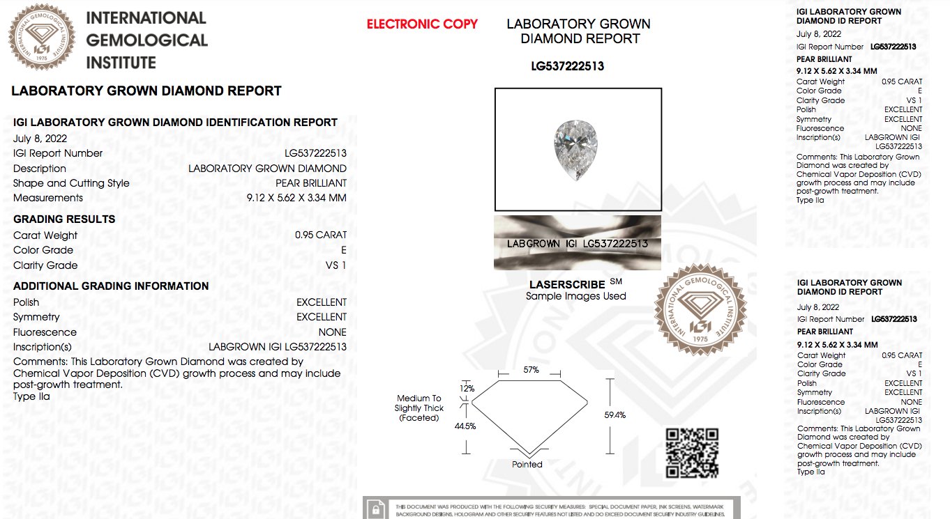 Pear Cut Lab Grown Diamond 0.95 Carat E/VS1