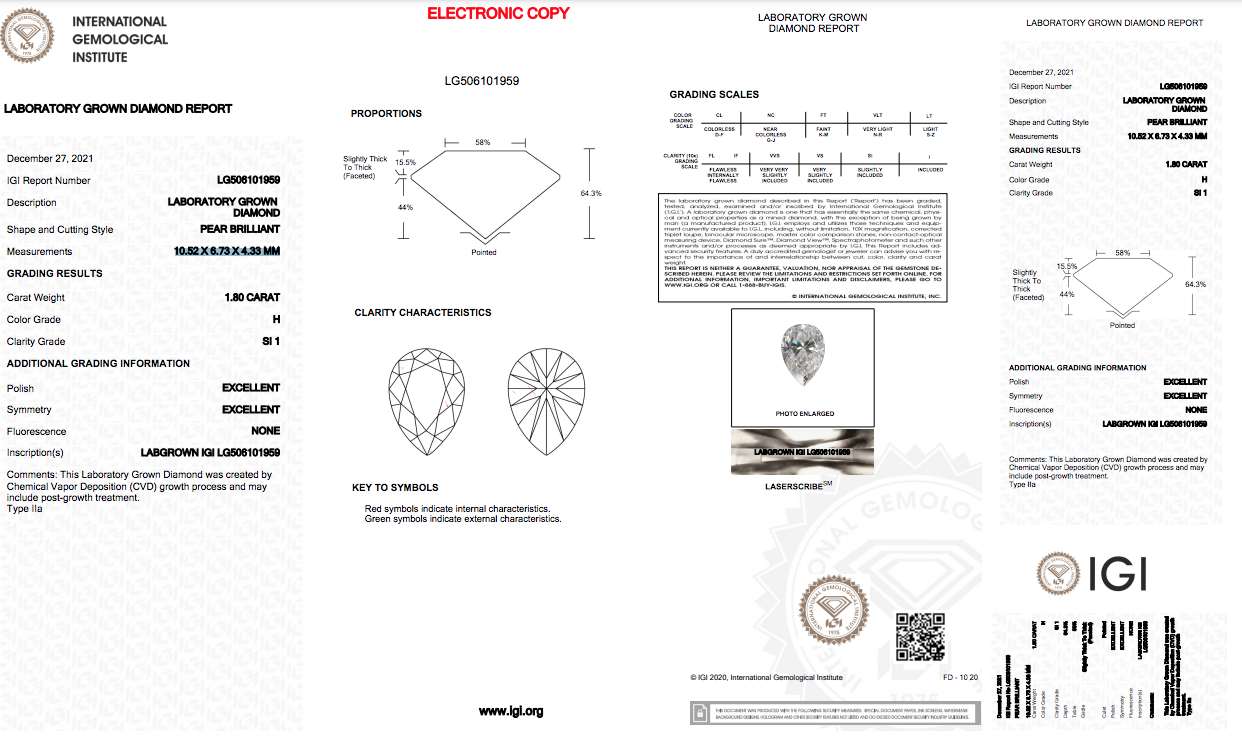 Pear Cut Lab Grown Diamond 1.80 Carat H/SI1