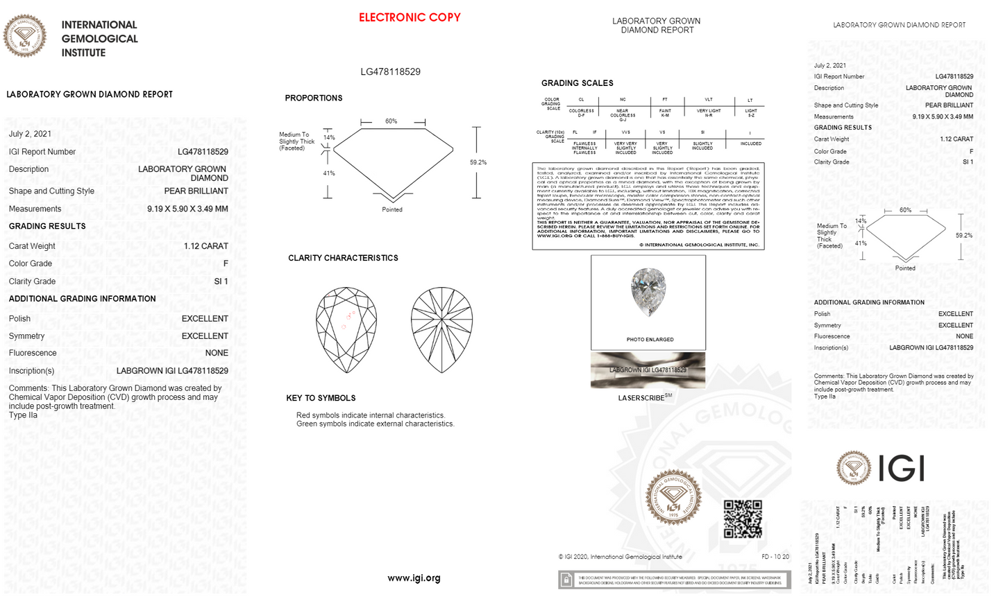 Pear Cut Lab Grown Diamond 1.12 Carat F/SI1