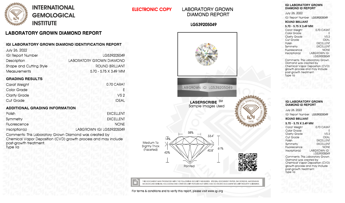 Round Cut Lab Grown Diamond 0.701 Carat E/VS2