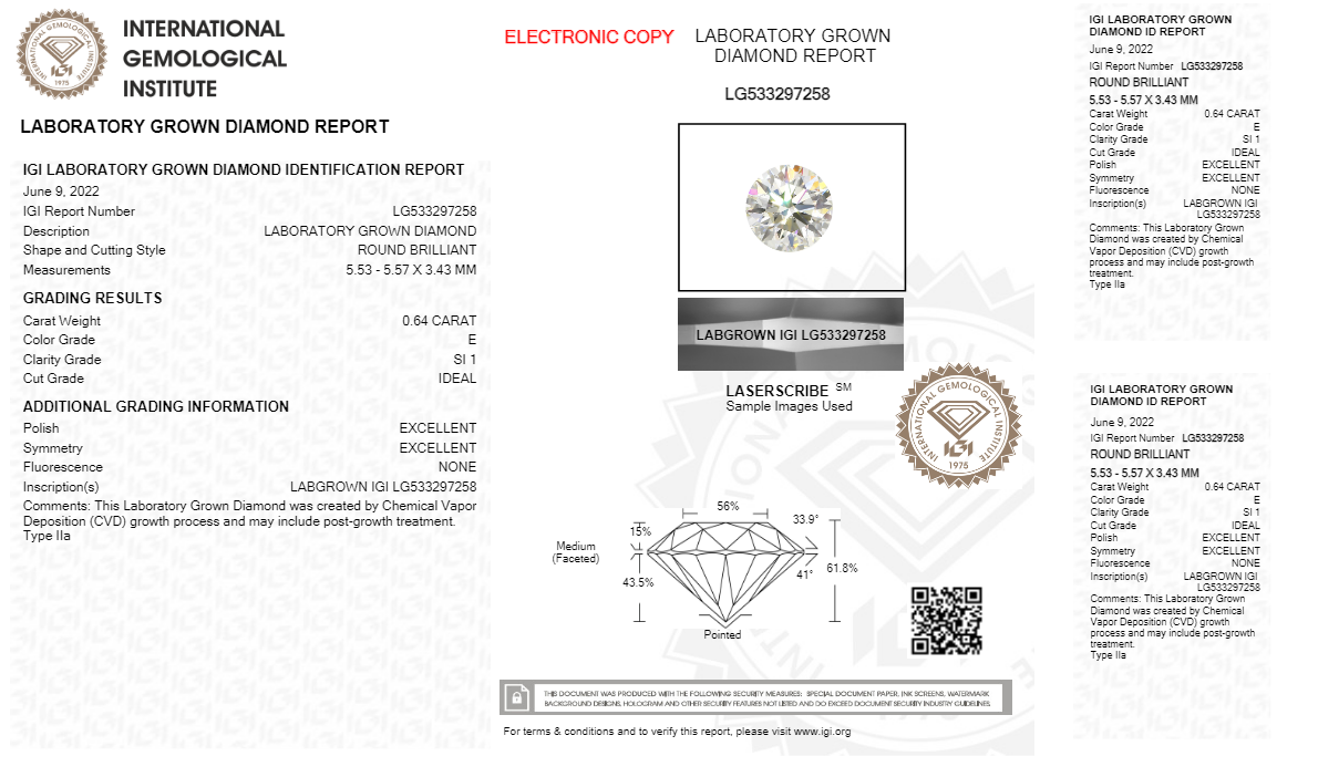 Round Cut Lab Grown Diamond 0.64 Carat E/SI1
