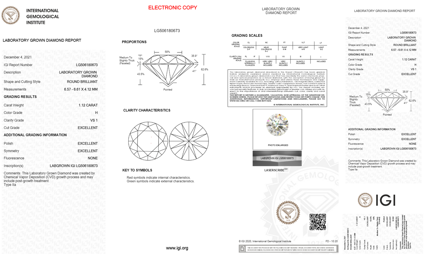 Round Cut Lab Grown Diamond 1.12 Carat H/VS2