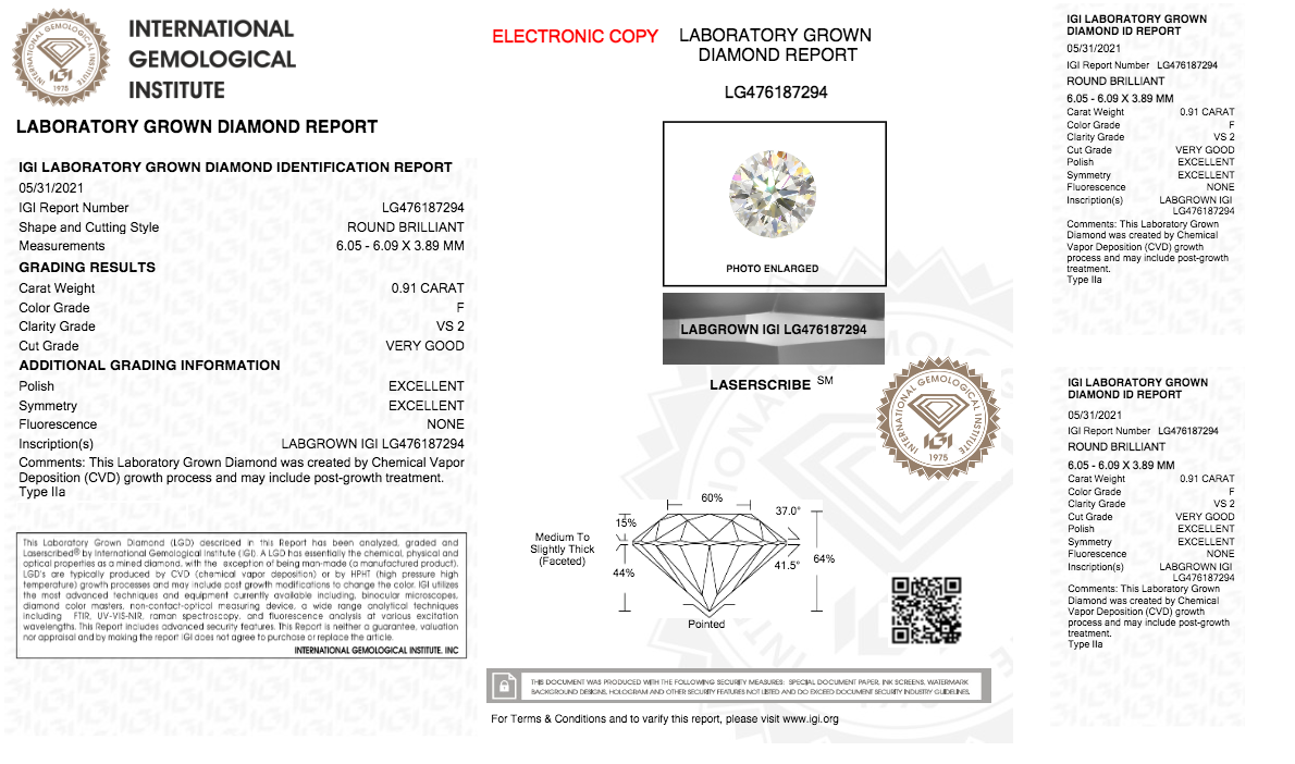 Round Cut Lab Grown Diamond 0.91 Carat F/VS2