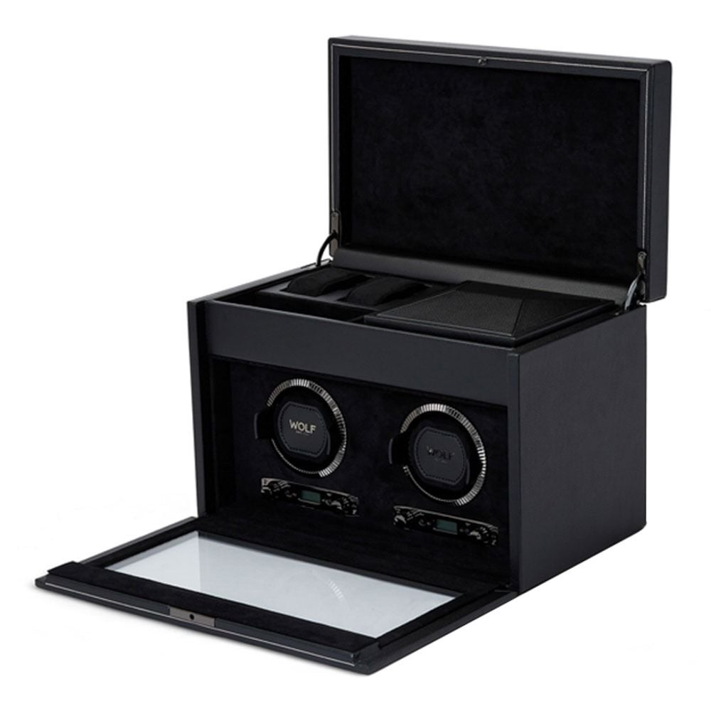 British Racing Black Double Watch Winder with Storage