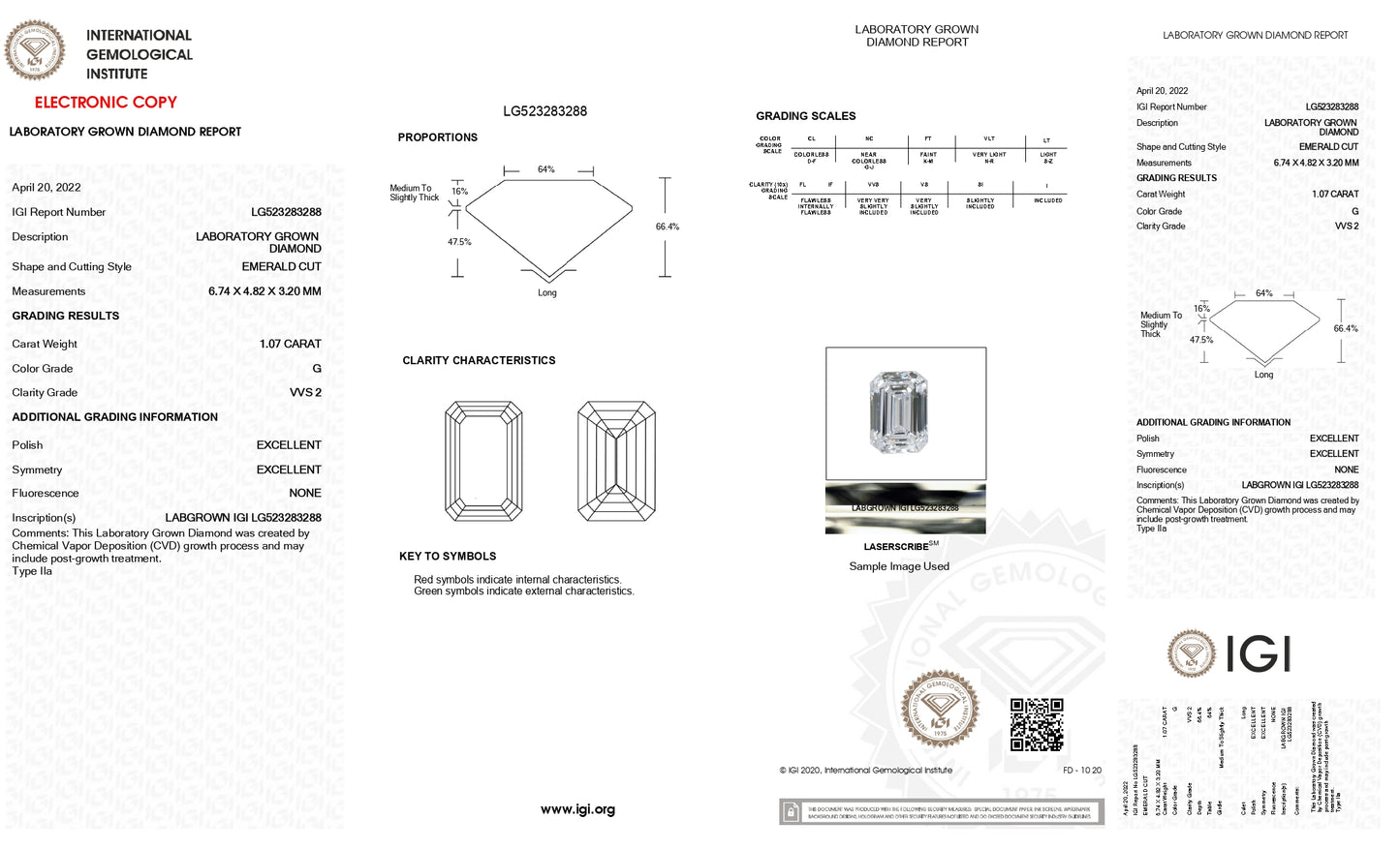 Emerald Cut Lab Grown Diamond 1.07 Carat G/VVS2