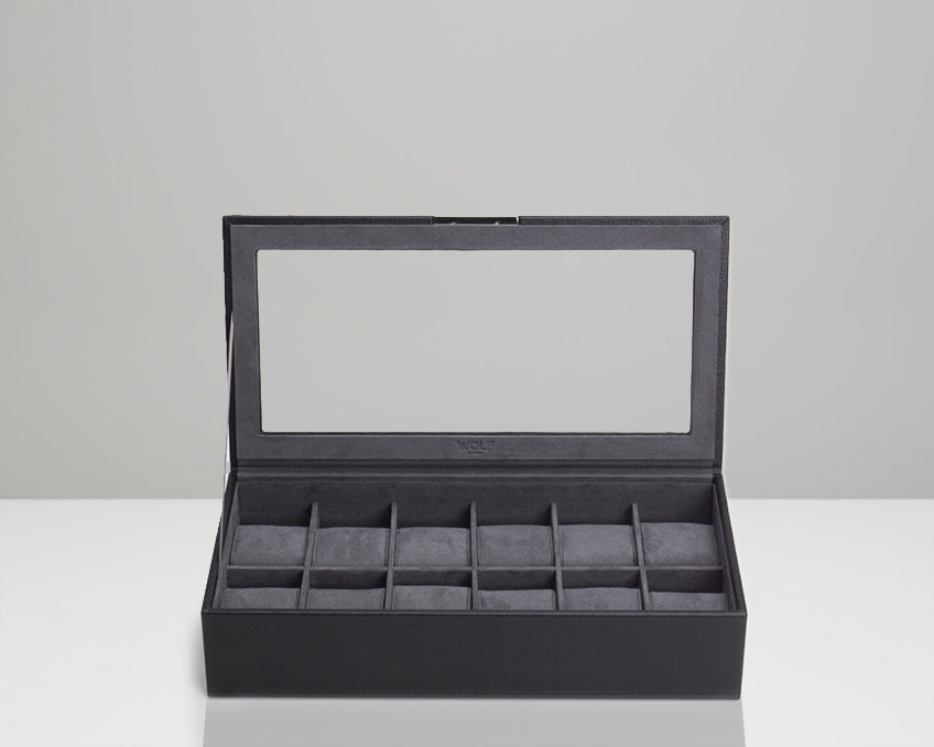 Wolf 12 Piece Watch Tray with Lid Black